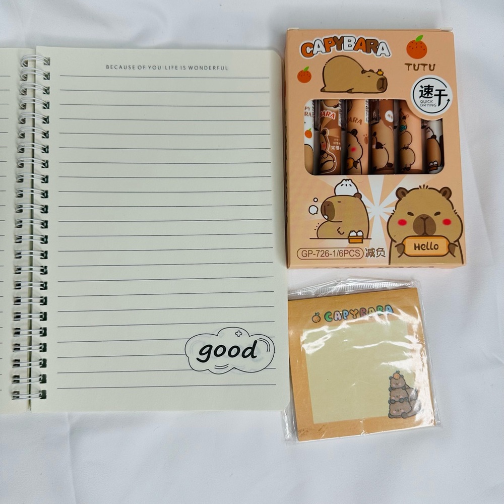 Capybara Bear Stationery Set with Notebook and Pens & Post it Notes - Picture 2 of 4